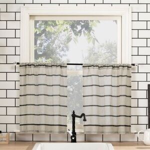 Set of 2 Twill Striped Sheer Cafe Curtain Black/Beige Anti Dust 24x52” New